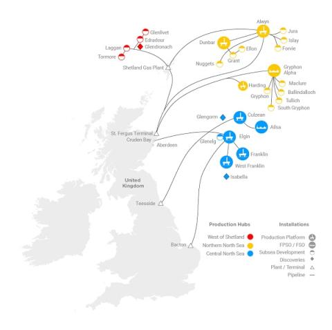 A map of TotalEnergies sites, platforms and vessels and their subsea tiebacks in the UK