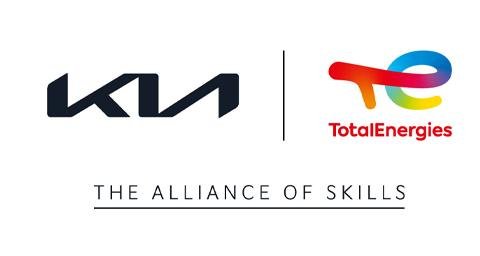 Kia logo and TotalEnergies logo. The alliance of skills.